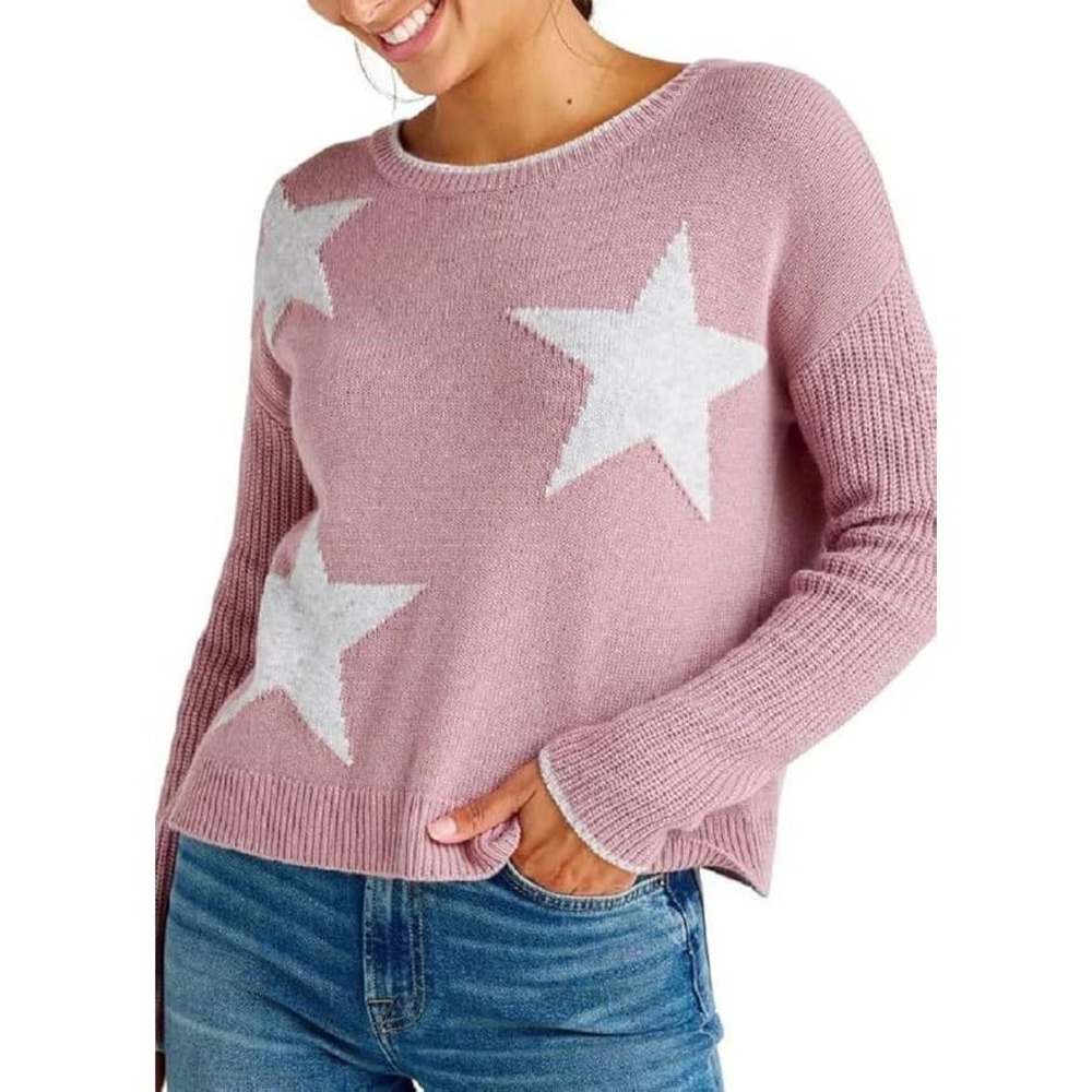 Splendid Sweater S Pink‎ Frances Intarsia Cashmere Blend Pink Stars Crew Neck